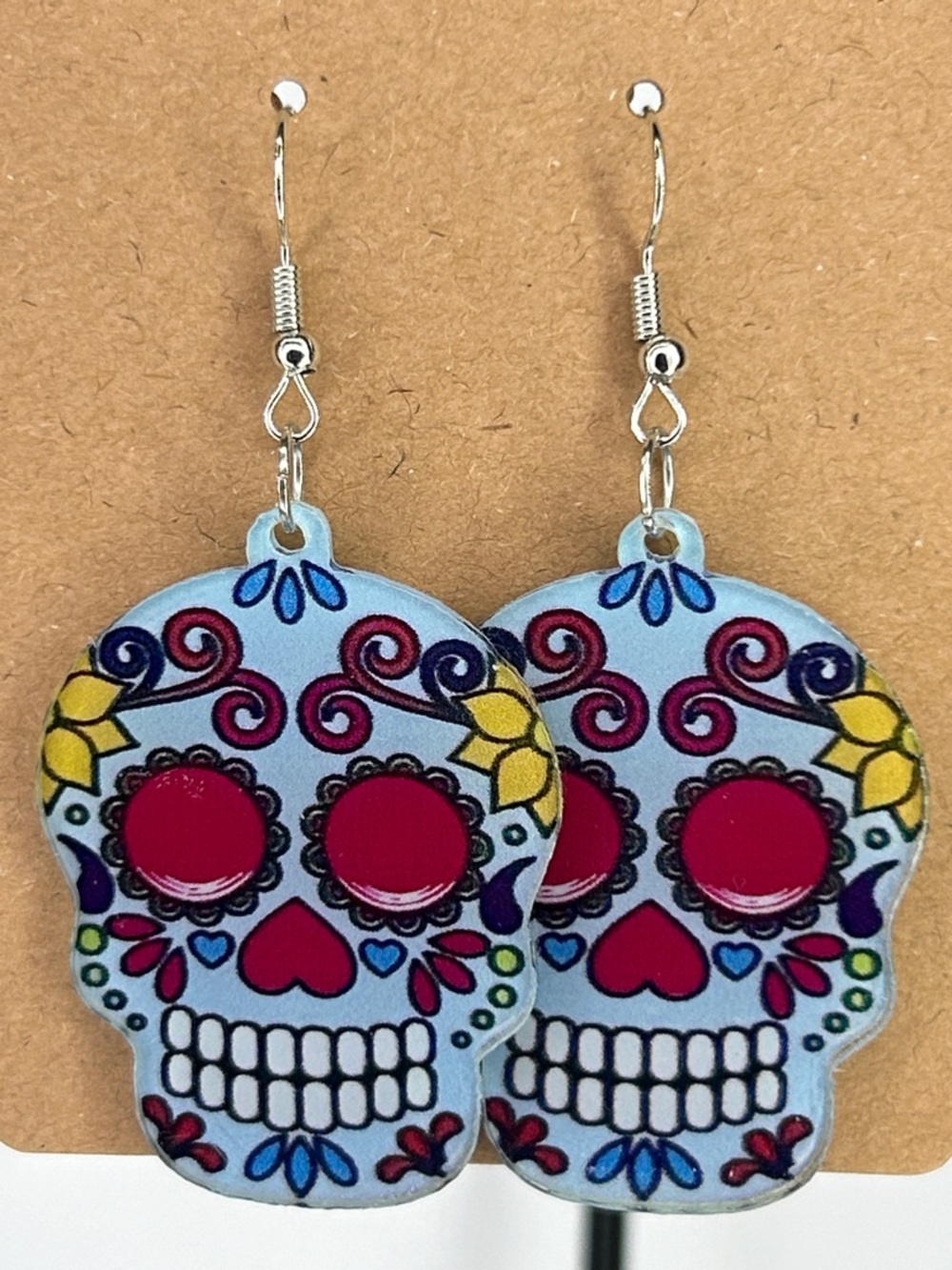 Sugar Skull Drop Earrings - Blue with Pink & Yellow Accents Fashion Jewelry